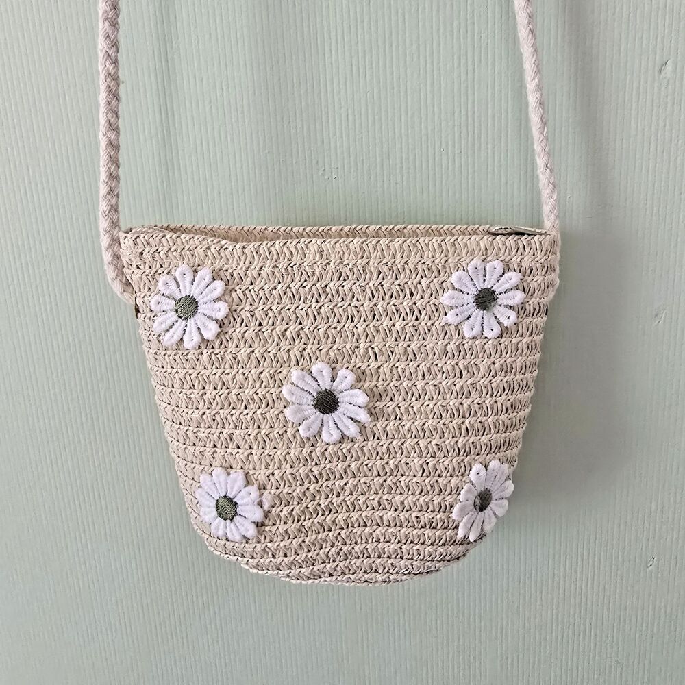Mini Daisy Crossbody Purse Bag Straw Flower Green White Natural Toy Girl's Small